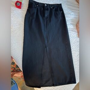 Mango black front slit denim skirt, size L. Washed but never worn. Length is 38”